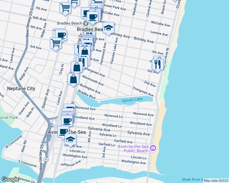 map of restaurants, bars, coffee shops, grocery stores, and more near 403 Monmouth Avenue in Bradley Beach