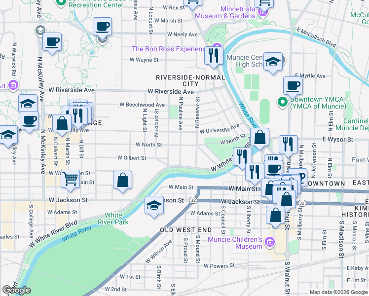 map of restaurants, bars, coffee shops, grocery stores, and more near 829 West North Street in Muncie