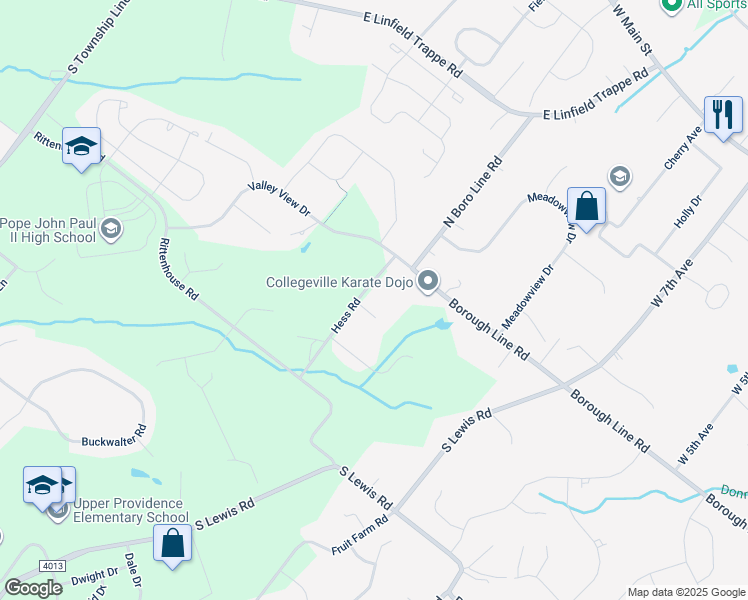 map of restaurants, bars, coffee shops, grocery stores, and more near 148 Hess Road in Collegeville