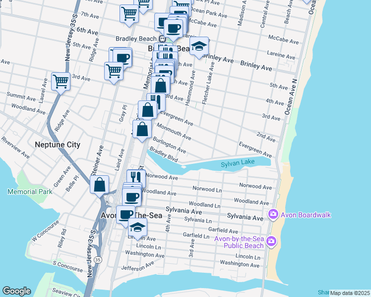 map of restaurants, bars, coffee shops, grocery stores, and more near 3 Atlantic Avenue in Bradley Beach