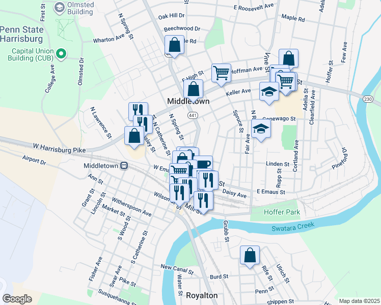 map of restaurants, bars, coffee shops, grocery stores, and more near 108 North Spring Street in Middletown