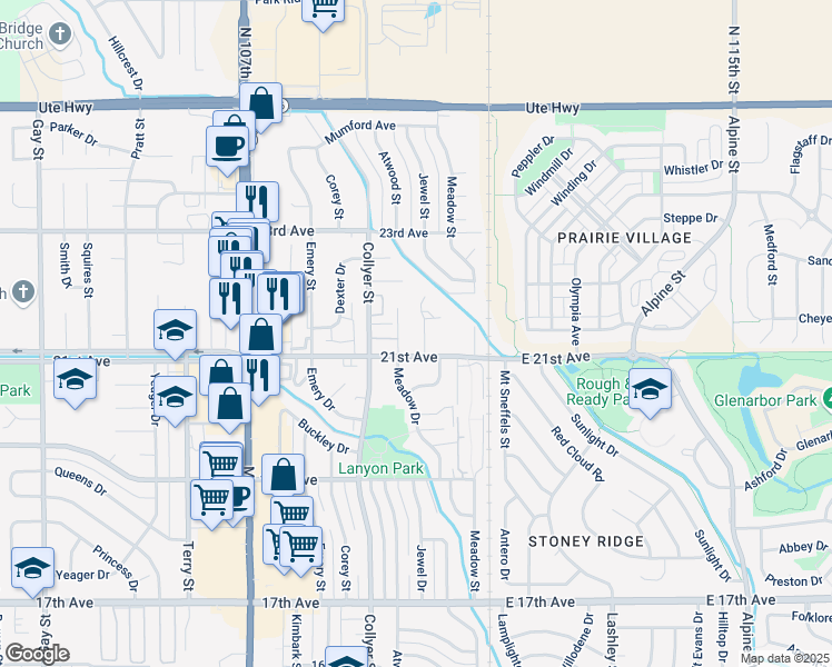 map of restaurants, bars, coffee shops, grocery stores, and more near 2142 Meadow Court in Longmont