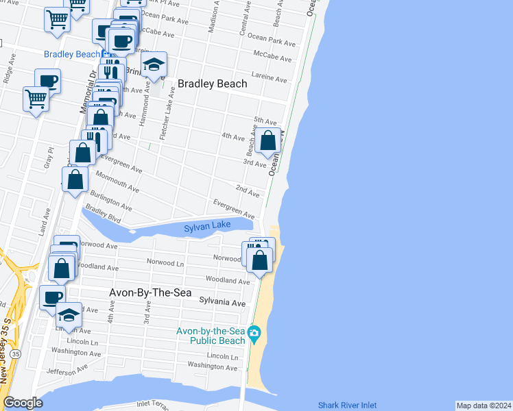 map of restaurants, bars, coffee shops, grocery stores, and more near 115 2nd Avenue in Bradley Beach