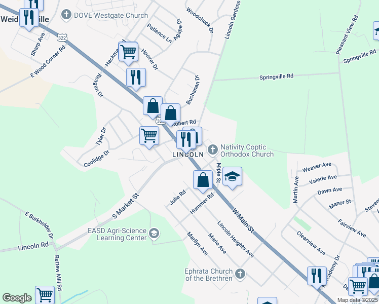 map of restaurants, bars, coffee shops, grocery stores, and more near 1423 West Main Street in Ephrata