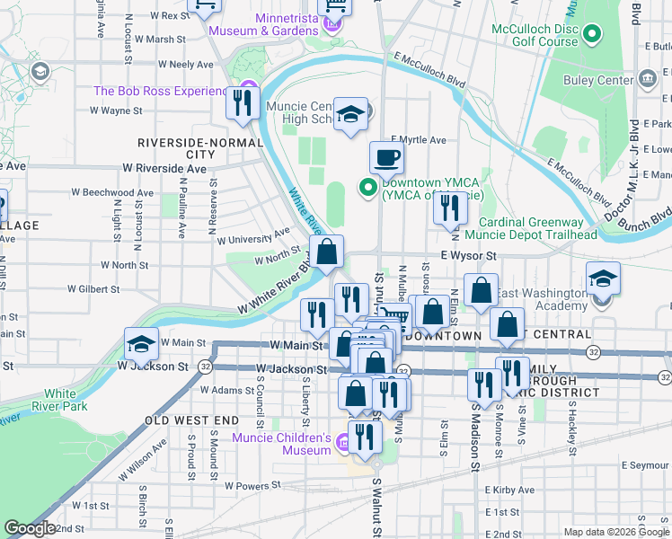 map of restaurants, bars, coffee shops, grocery stores, and more near Wheeling Avenue in Muncie