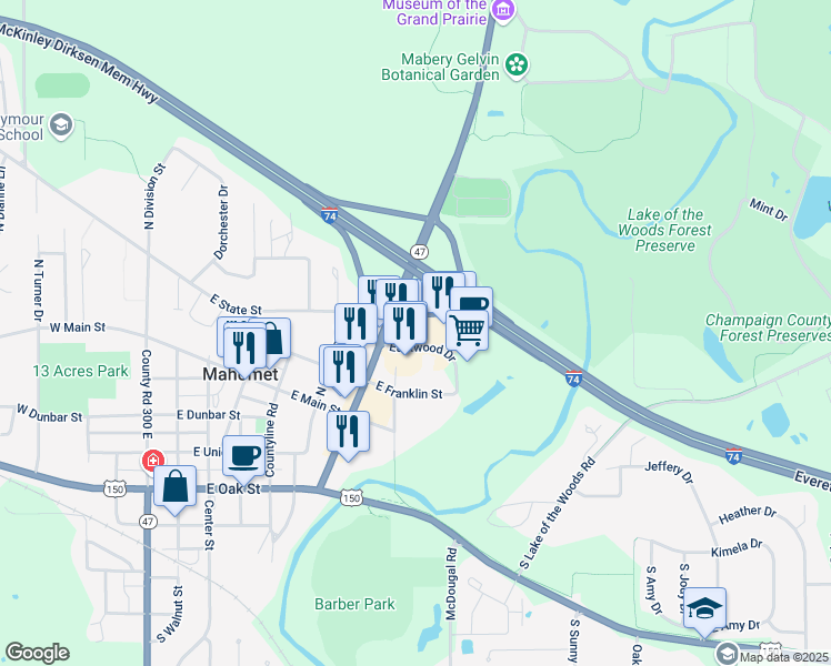 map of restaurants, bars, coffee shops, grocery stores, and more near 804 Eastwood Drive in Mahomet