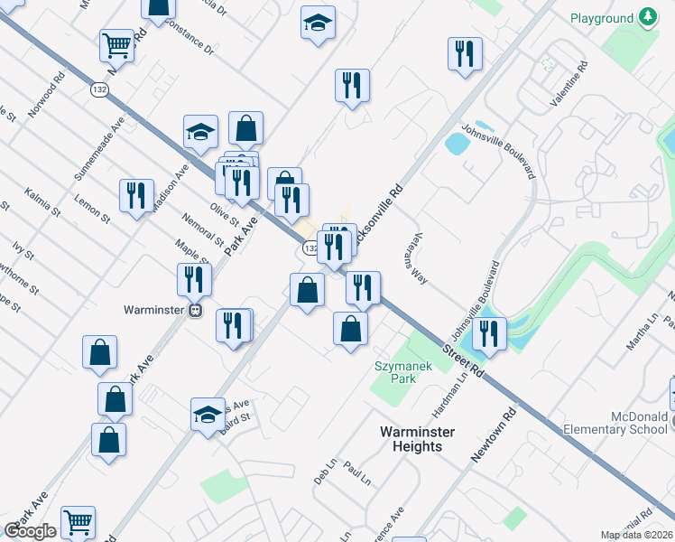 map of restaurants, bars, coffee shops, grocery stores, and more near 3 Street Road in Warminster