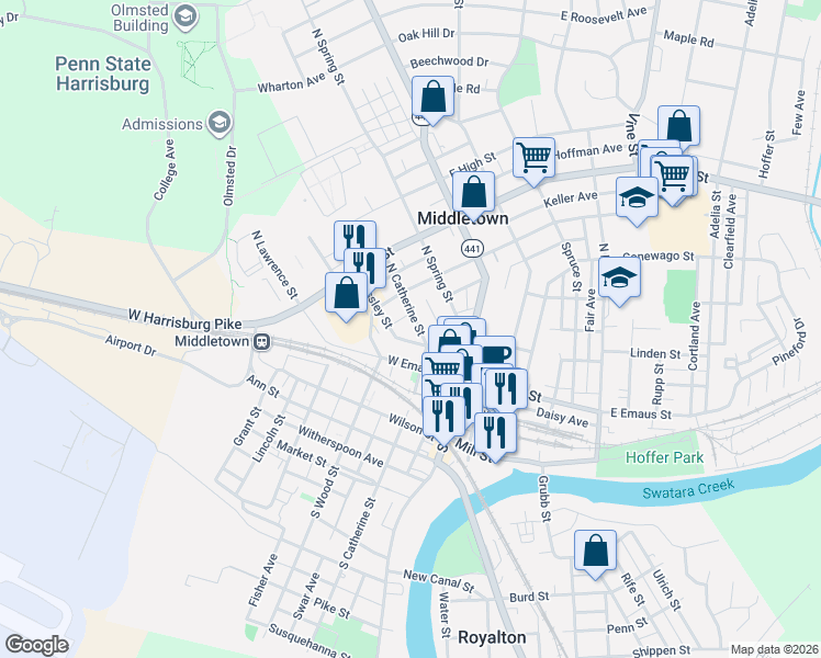 map of restaurants, bars, coffee shops, grocery stores, and more near 164 North Catherine Street in Middletown