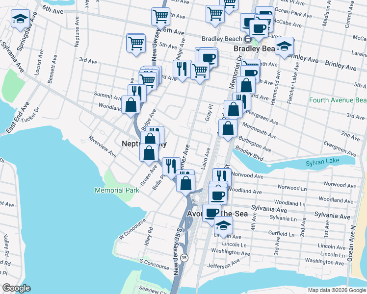 map of restaurants, bars, coffee shops, grocery stores, and more near 65 Steiner Avenue in Neptune City