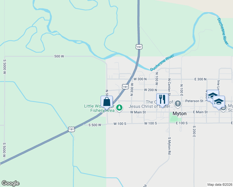 map of restaurants, bars, coffee shops, grocery stores, and more near 185 North 400 West in Myton