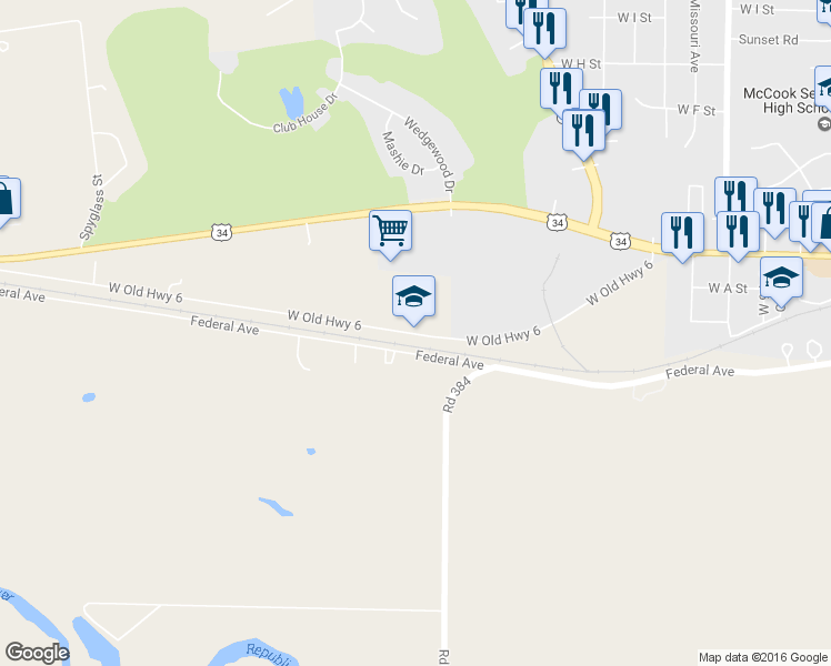map of restaurants, bars, coffee shops, grocery stores, and more near 1902 West B Street in McCook