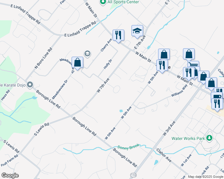 map of restaurants, bars, coffee shops, grocery stores, and more near 12 Foxtail Court in Collegeville