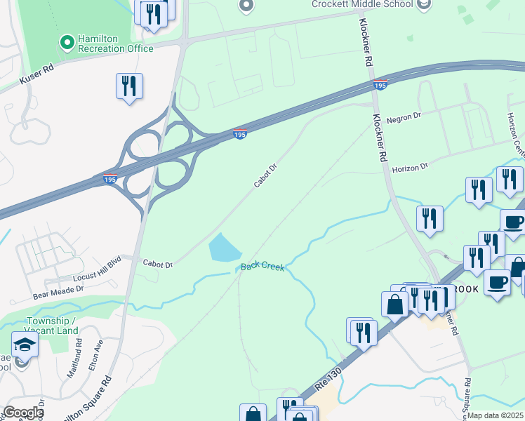 map of restaurants, bars, coffee shops, grocery stores, and more near 400 Cabot Drive in Trenton