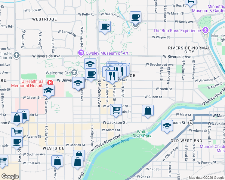 map of restaurants, bars, coffee shops, grocery stores, and more near 1701 West North Street in Muncie