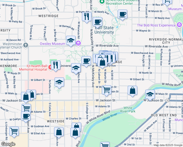 map of restaurants, bars, coffee shops, grocery stores, and more near 325 North McKinley Avenue in Muncie