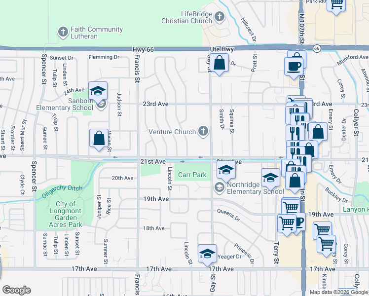 map of restaurants, bars, coffee shops, grocery stores, and more near 2131 Bowen Street in Longmont