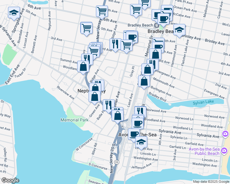 map of restaurants, bars, coffee shops, grocery stores, and more near 13 McClelland Place in Neptune City