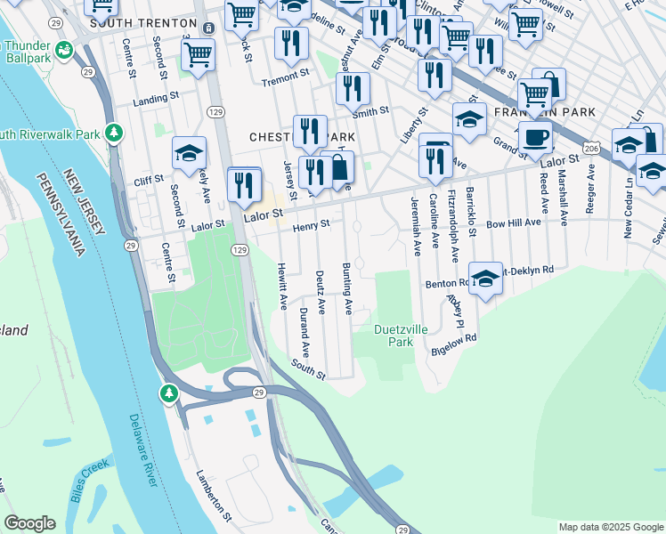 map of restaurants, bars, coffee shops, grocery stores, and more near 165 Bunting Avenue in Hamilton Township