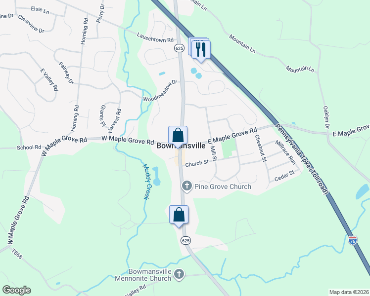 map of restaurants, bars, coffee shops, grocery stores, and more near in Bowmansville
