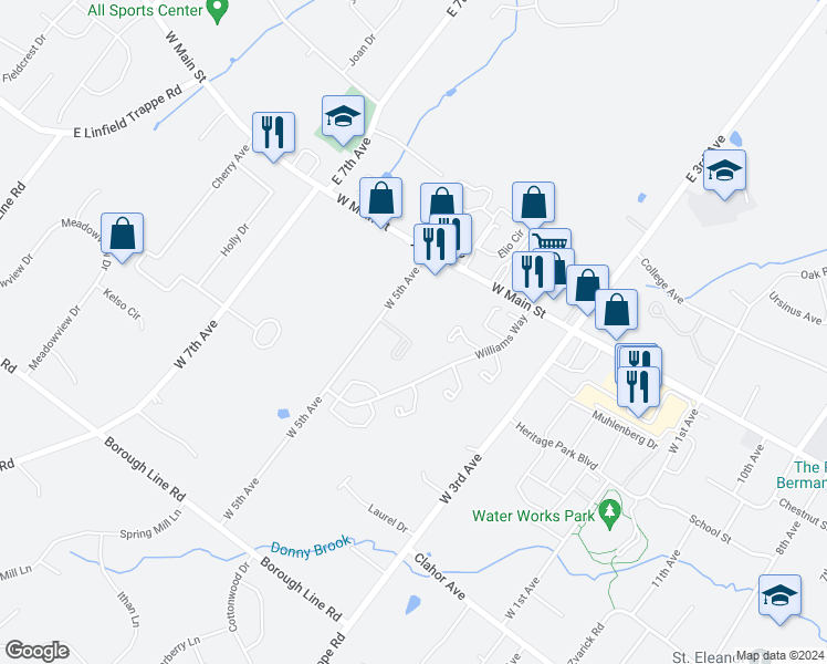 map of restaurants, bars, coffee shops, grocery stores, and more near 125 Fairway Drive in Collegeville