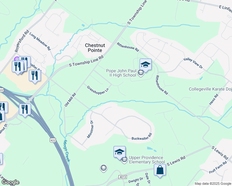 map of restaurants, bars, coffee shops, grocery stores, and more near 2 Dorothy Circle in Royersford