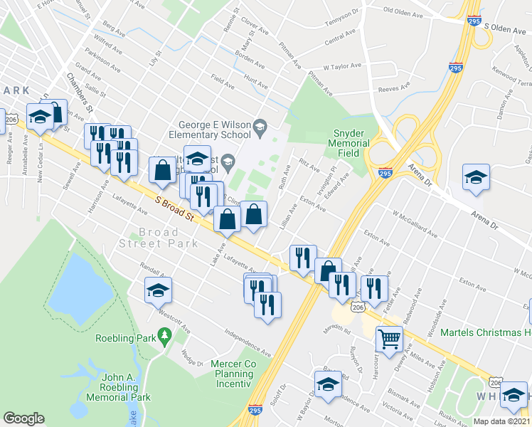 map of restaurants, bars, coffee shops, grocery stores, and more near 111 Samdin Boulevard in Trenton