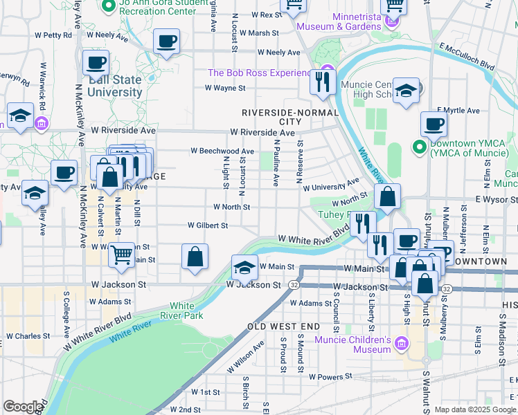 map of restaurants, bars, coffee shops, grocery stores, and more near 400 North Linden Street in Muncie