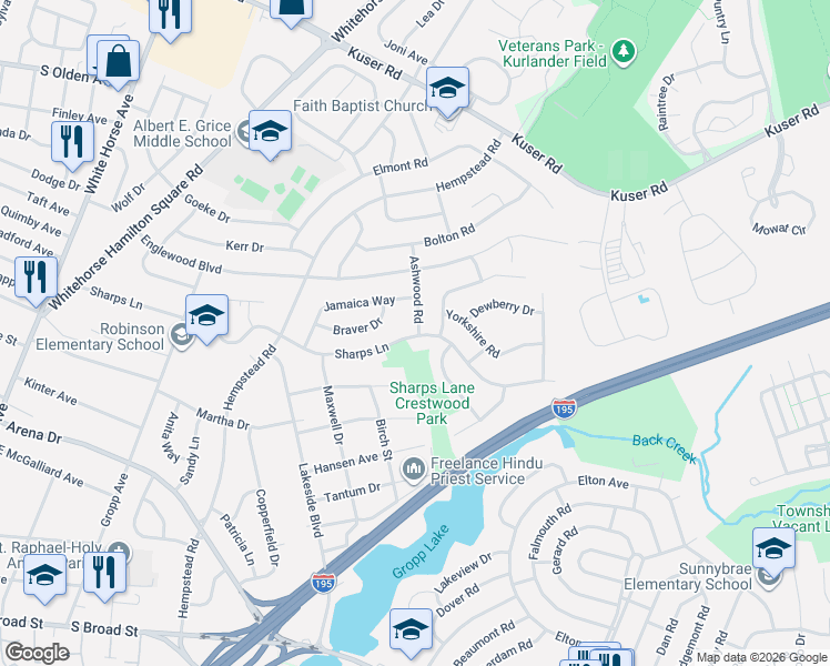 map of restaurants, bars, coffee shops, grocery stores, and more near 18 Ashwood Road in Hamilton Township