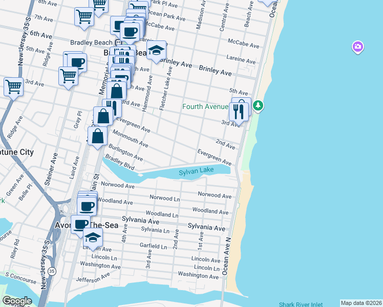 map of restaurants, bars, coffee shops, grocery stores, and more near 307 Evergreen Avenue in Bradley Beach