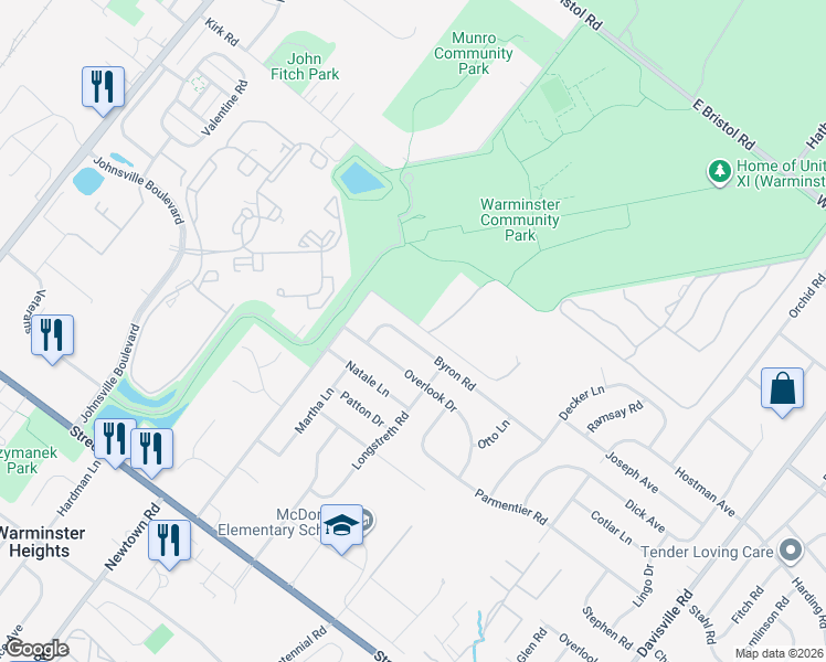 map of restaurants, bars, coffee shops, grocery stores, and more near 371 Byron Road in Warminster
