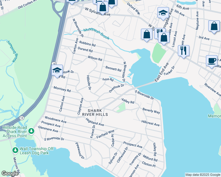 map of restaurants, bars, coffee shops, grocery stores, and more near 107 Overlook Drive in Neptune City