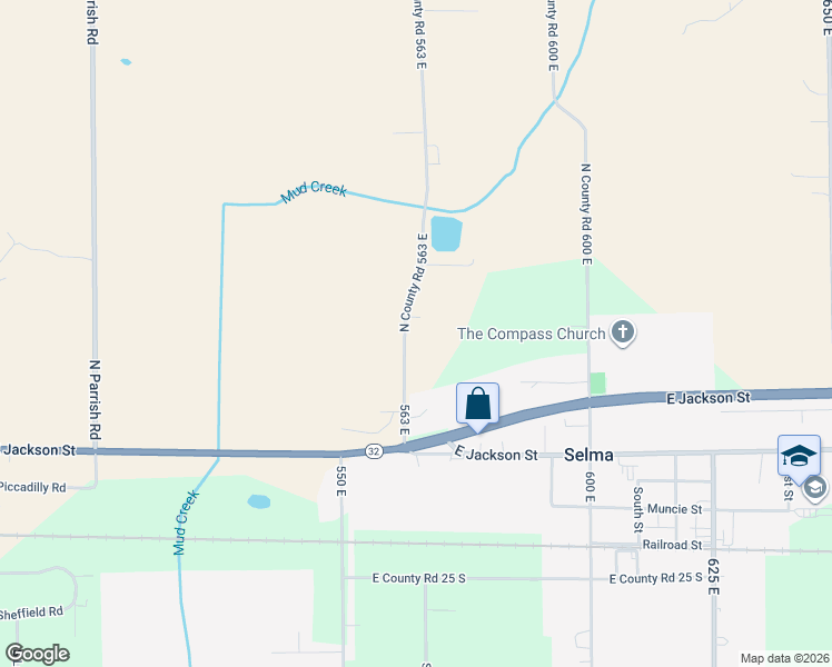 map of restaurants, bars, coffee shops, grocery stores, and more near 408 North 563 East Road in Selma