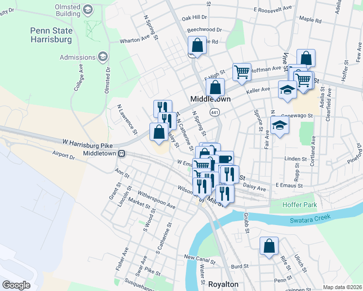 map of restaurants, bars, coffee shops, grocery stores, and more near 163 Nissley Street in Middletown