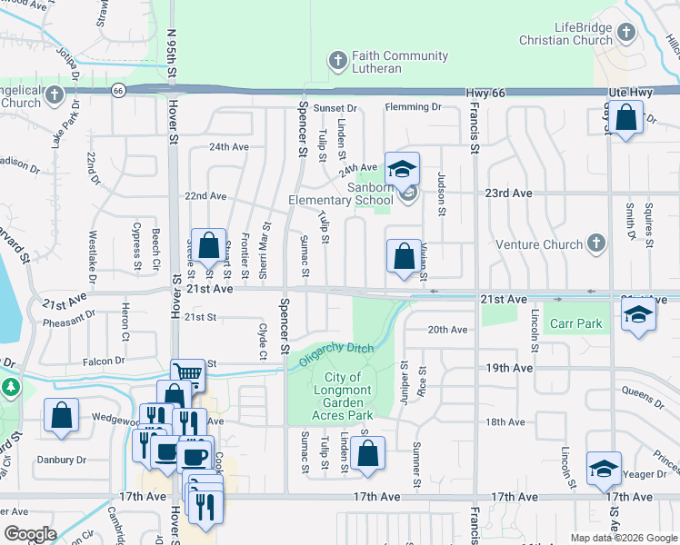 map of restaurants, bars, coffee shops, grocery stores, and more near 2185 Hackberry Circle in Longmont