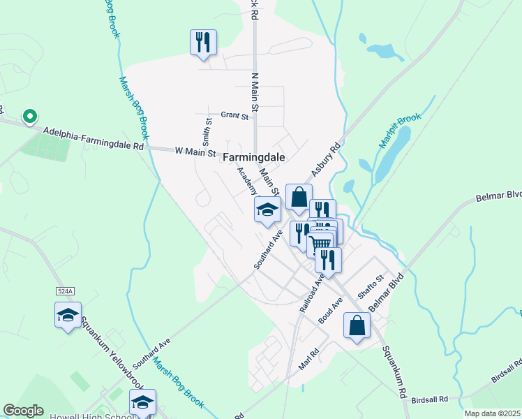 map of restaurants, bars, coffee shops, grocery stores, and more near 35 Academy Street in Farmingdale