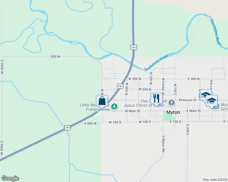 map of restaurants, bars, coffee shops, grocery stores, and more near 185 North 400 West in Myton