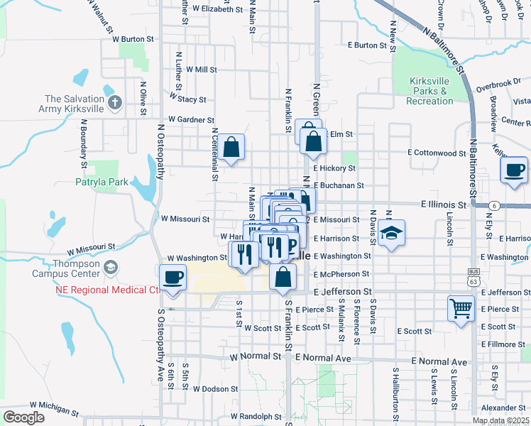 map of restaurants, bars, coffee shops, grocery stores, and more near 307 North Elson Street in Kirksville