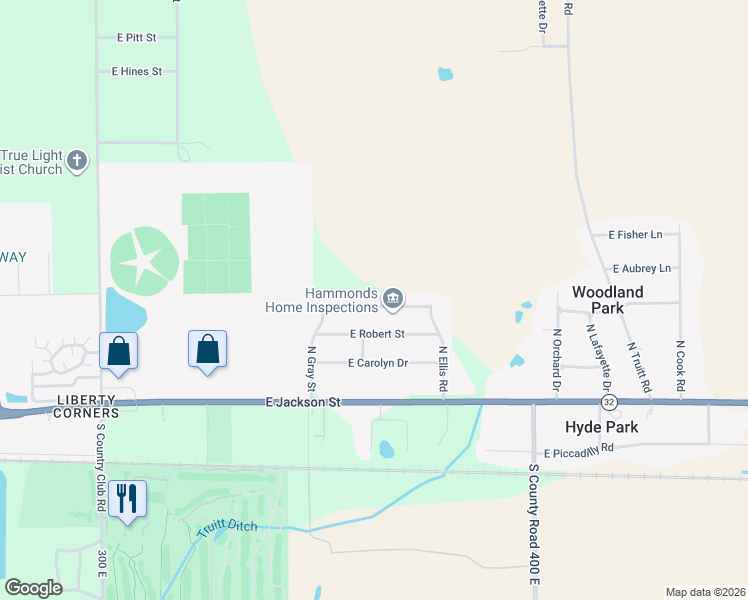 map of restaurants, bars, coffee shops, grocery stores, and more near 5904 East Rick Road in Muncie
