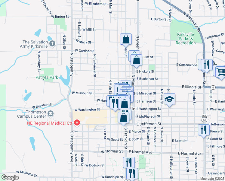 map of restaurants, bars, coffee shops, grocery stores, and more near 307 North Elson Street in Kirksville