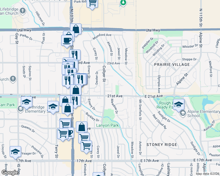 map of restaurants, bars, coffee shops, grocery stores, and more near 2136 Collyer Street in Longmont