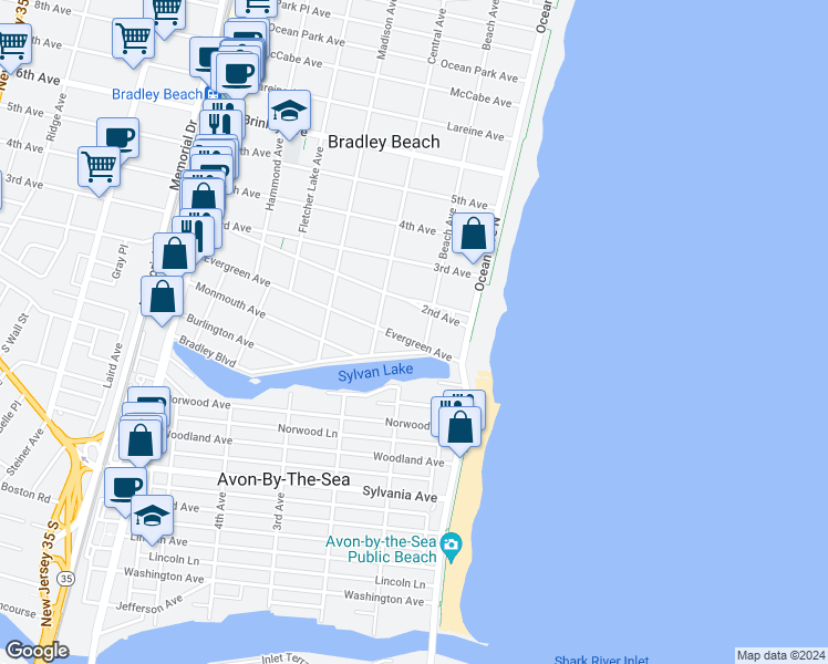 map of restaurants, bars, coffee shops, grocery stores, and more near 210 Evergreen Avenue in Bradley Beach