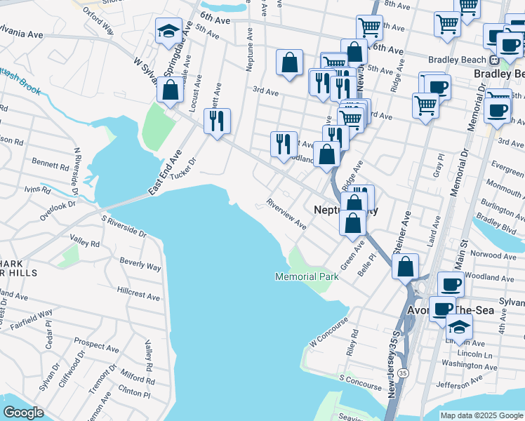 map of restaurants, bars, coffee shops, grocery stores, and more near 114 Riverview Avenue in Neptune City