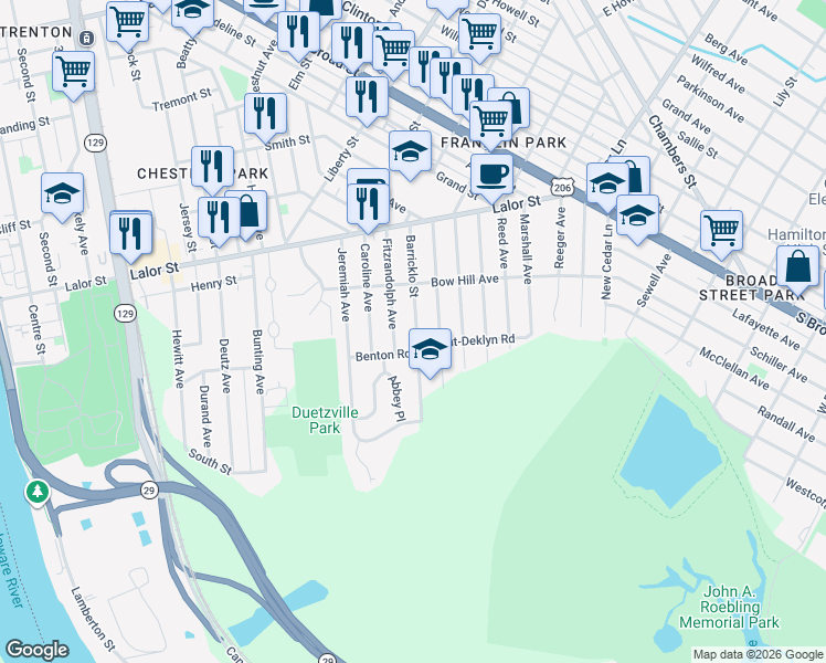 map of restaurants, bars, coffee shops, grocery stores, and more near New Jersey 29 in Trenton