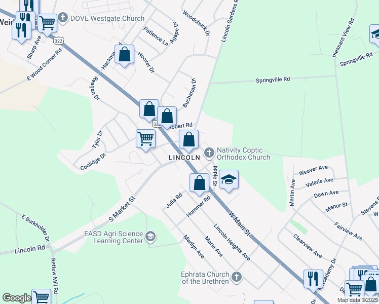 map of restaurants, bars, coffee shops, grocery stores, and more near 40 North Market Street in Ephrata