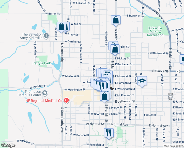 map of restaurants, bars, coffee shops, grocery stores, and more near 403 West Illinois Street in Kirksville