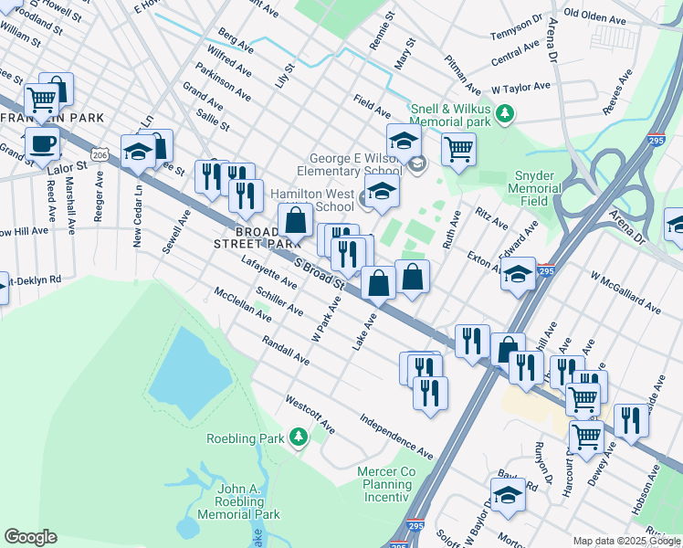 map of restaurants, bars, coffee shops, grocery stores, and more near 2118 Genesee Street in Hamilton Township