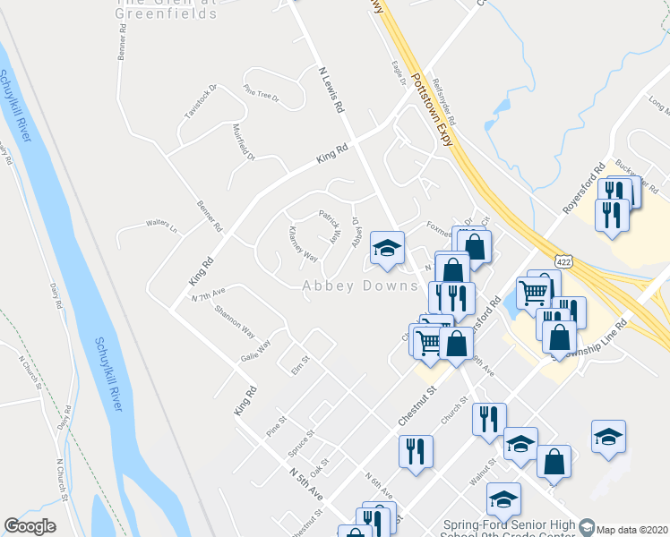 map of restaurants, bars, coffee shops, grocery stores, and more near 185 Abbey Drive in Royersford