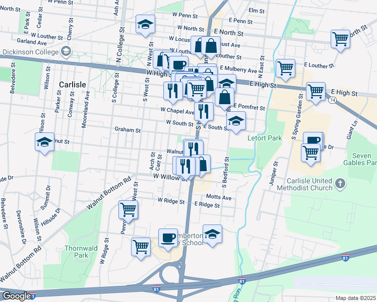 map of restaurants, bars, coffee shops, grocery stores, and more near 19 Walnut Street in Carlisle