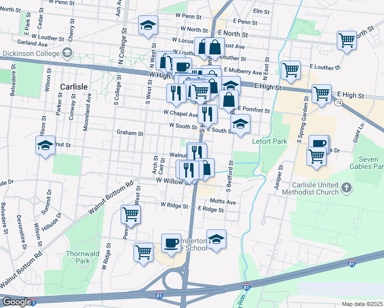 map of restaurants, bars, coffee shops, grocery stores, and more near 19 Walnut Street in Carlisle