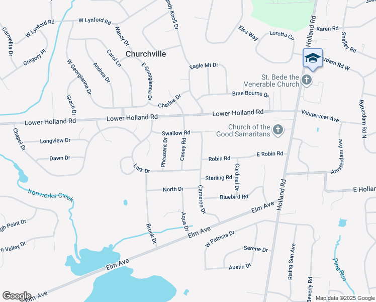 map of restaurants, bars, coffee shops, grocery stores, and more near 31 Casey Road in Churchville